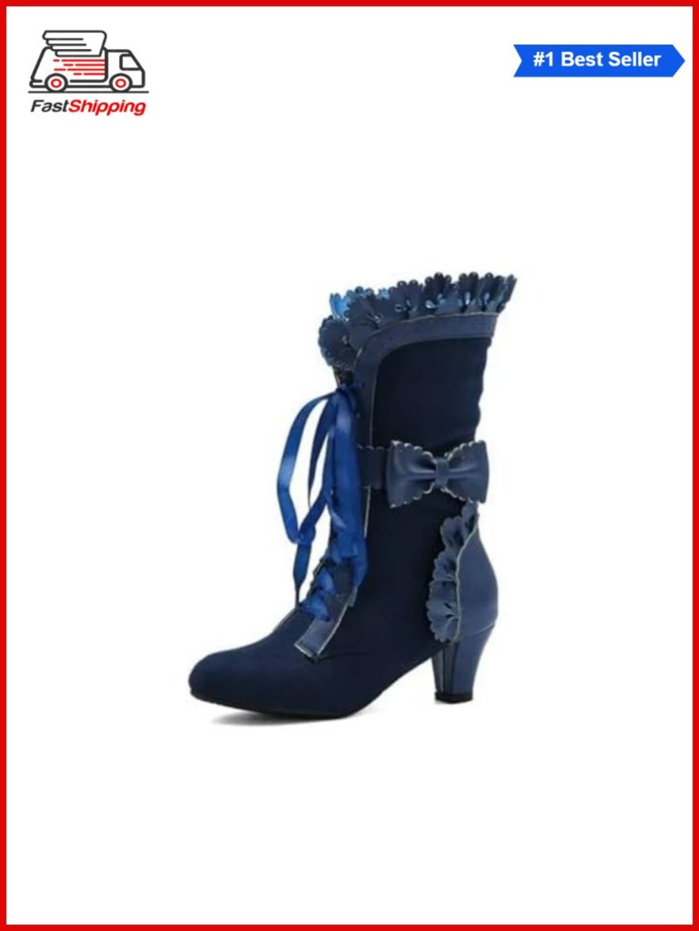 Victorian Lace Up Mid Calf Boots Faux Suede Chunky Heel Gothic Cosplay
